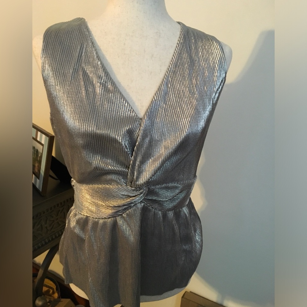 INC International Concepts Metallic Silver Twist Front Blouse